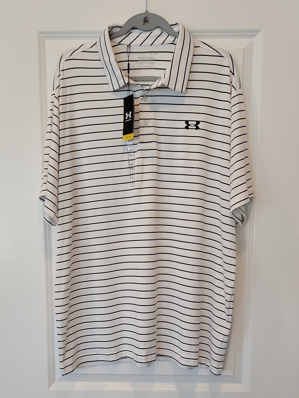 Under Armour Mens Loose Fit The Playoff Polo Shirt In White Black Stripe XXL NWT